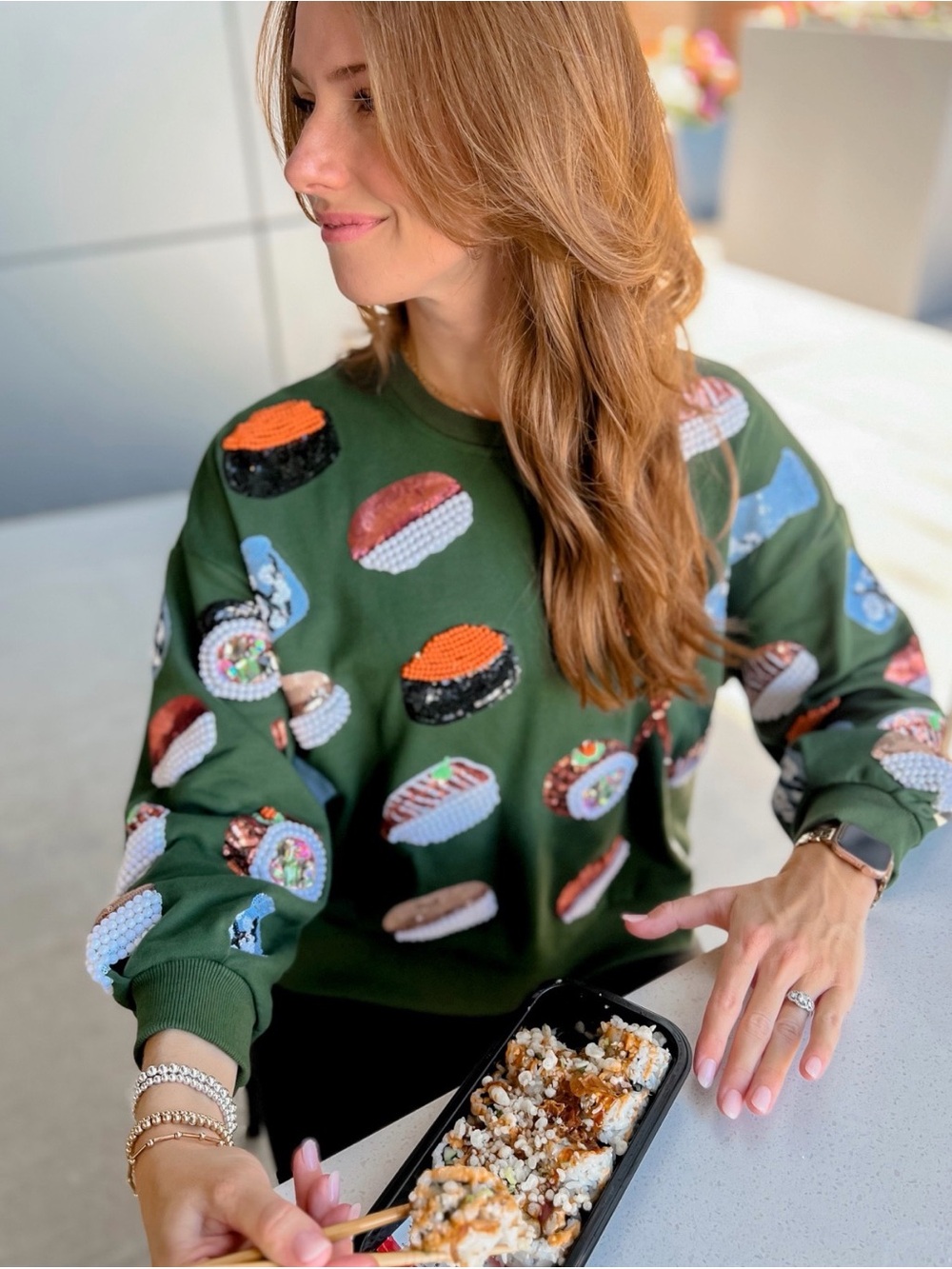 QUEEN OF SPARKLES Green Sushi Sequin Sweatshirt